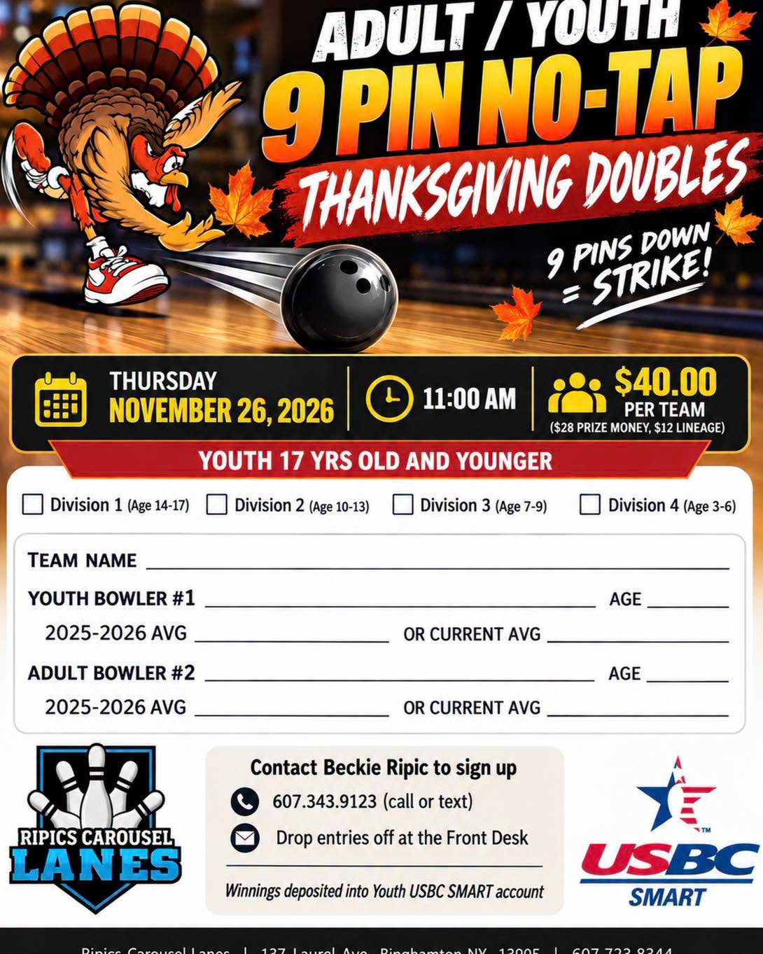 Adult/Youth 9 Pin No-Tap Thanksgiving Doubles at Ripics Carousel Lanes flyer